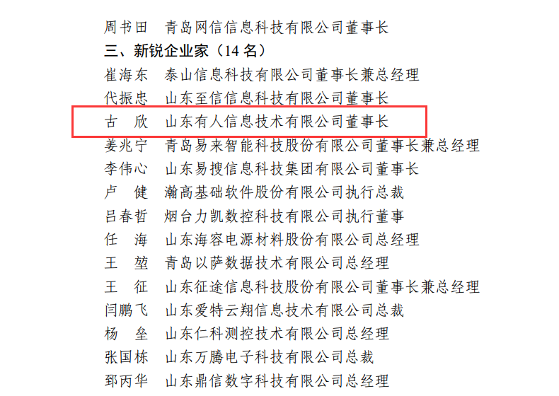 有人物聯(lián)網(wǎng)CEO古欣榮獲“山東省電子信息行業(yè)優(yōu)秀企業(yè)家”稱號 有人物聯(lián)網(wǎng)CEO古欣榮獲“山東省電子信息行業(yè)優(yōu)秀企業(yè)家”稱號