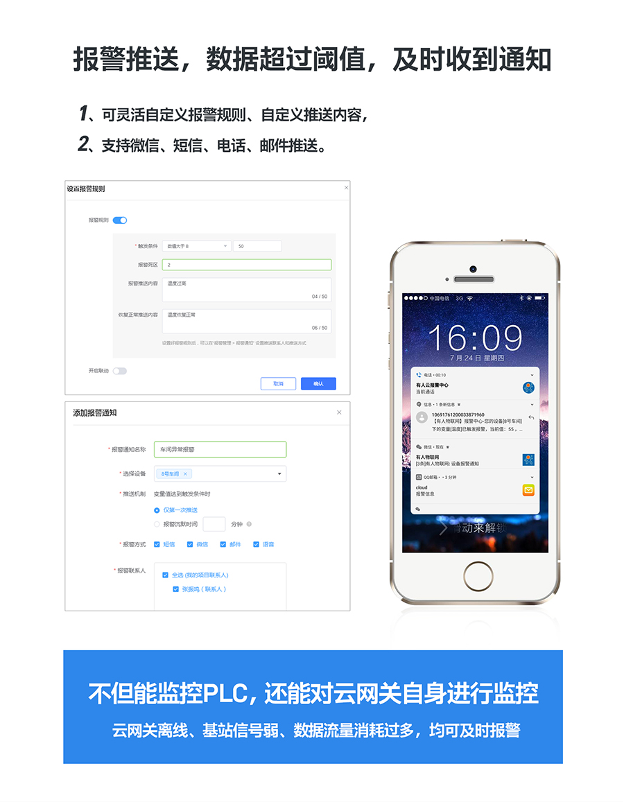 低成本PLC云網(wǎng)關(guān)：報(bào)警推送，數(shù)據(jù)超過閾值及時(shí)收到通知